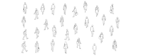 Architectural drawings of walking people top perspective vector illustration for urban planning layouts campus design pedestrian pathways and crowd movement visualization