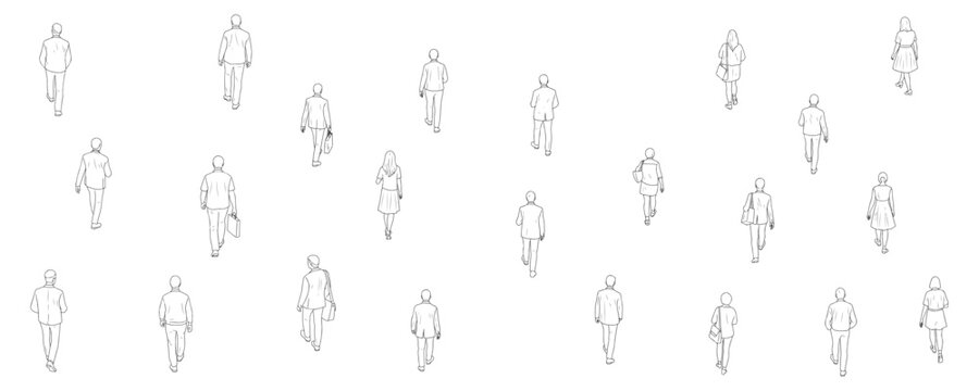 Architectural drawings of walking people top back perspective vector illustration for urban planning layouts campus design pedestrian flow studies and crowd movement visualization