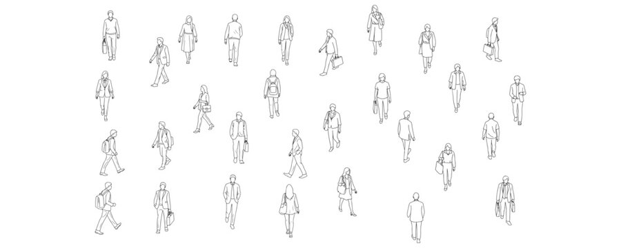 Architectural drawings of walking people top perspective vector illustration for urban planning layouts campus design pedestrian pathways and crowd movement visualization