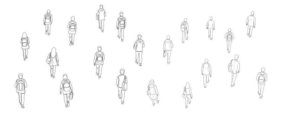 Architectural drawings of walking student top back perspective silhouette vector illustration for urban design educational campus planning layouts pedestrian movement and crowd visualization