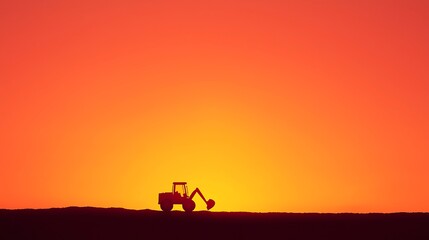 Fototapeta premium Tractor silhouetted against a vibrant sunset sky