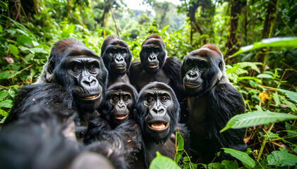 Obraz premium Group Of Gorillas Posing Together In Lush Green Forest Habitat With Close Proximity and Intimate Perspective