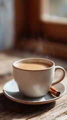 Obraz premium Warm cup of coffee with cinnamon stick on a saucer, placed on rustic wooden table, sunlight streaming through window, creating a cozy atmosphere for relaxation and enjoyment