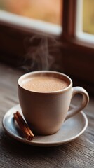 Fototapeta premium Warm cup of steaming beverage on a saucer with cinnamon sticks, placed on rustic wooden table near window, creating a cozy and inviting atmosphere for relaxation