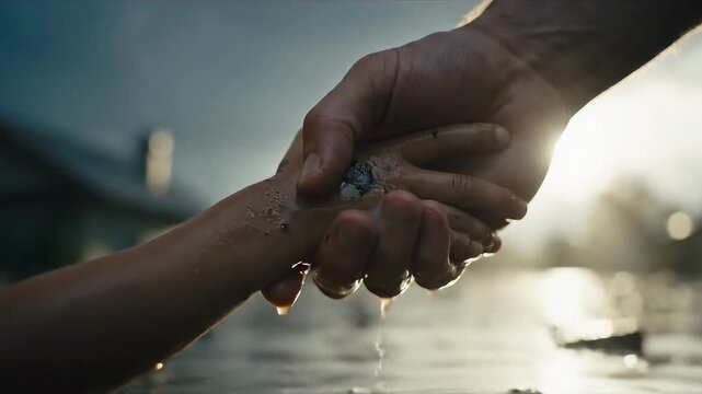 A desperate hand reaches out of murky water towards a life-saving grasp, symbolizing hope and rescue amidst challenging circumstances and a sense of overwhelming struggle.