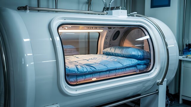 Close up view of a hyperbaric oxygen therapy chamber with a patient lying inside on a comfortable bed receiving treatment