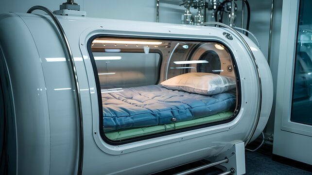 Modern hyperbaric oxygen therapy chamber with comfortable bedding and soft lighting for patient treatment and recovery