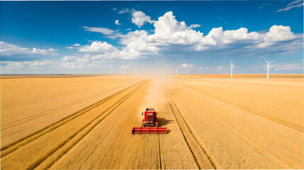 Aerial View Red Combine Harvester