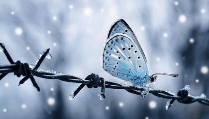 Light blue butterfly resting on barbed wire against a snowy black and white background in winter