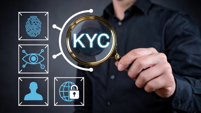 Businessman analyzes KYC identity verification with magnifying glass, showing fingerprint, eye scan, profile, and secure globe. - Powered by Adobe