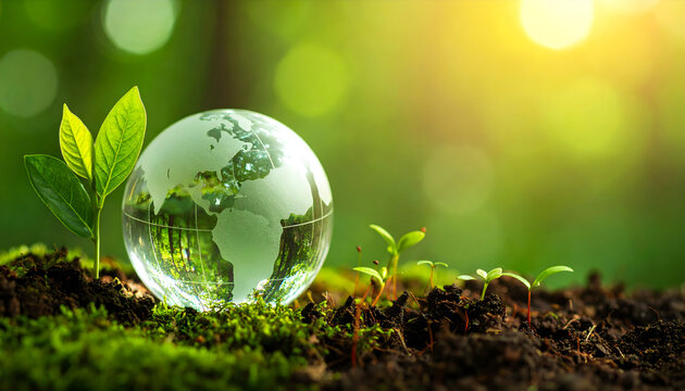 A lush, green grass sphere with a world map symbolizes environmental business and global ecology - Powered by Adobe