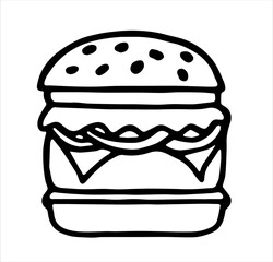 Vector illustration of a hamburger. Black and white hamburger in doodle style. Fast food design element. Основные RGB
