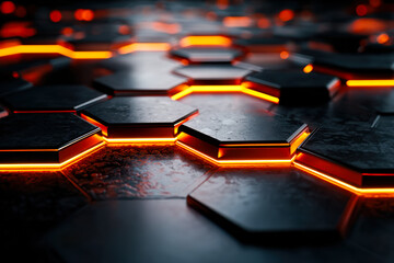 Fototapeta premium Futuristic hexagonal tiles with glowing orange accents on a dark reflective surface