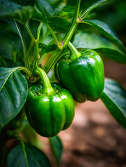 Fresh green bell peppers growing on a plant in a garden