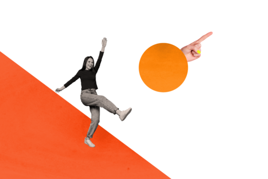 Trend artwork composite sketch image 3D photo collage of young active lady walk huge hand in circle finger gesture show direction