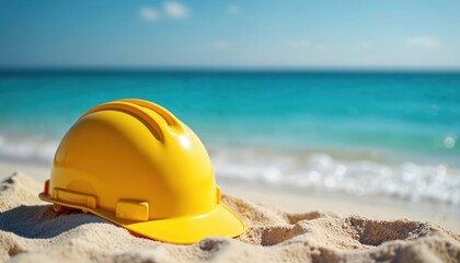 Yellow hard hat rests on sandy beach, contrasting with vibrant blue ocean and clear sky. Symbolizes construction work meets leisure time, safety gear abandoned for vacation fun.