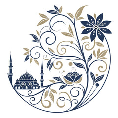 Illustration of islamic mosque with floral ornaments and decorations in a circular design isolated on white background