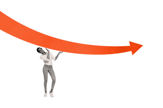 Sketch image trend artwork 3D photo collage of young business lady hold in hand huge arrow go up success target trader job achieve goal