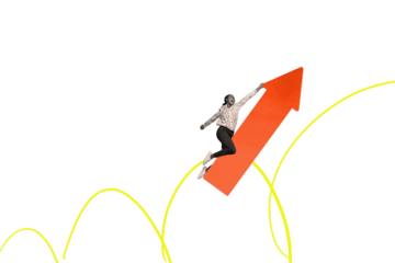 Trend artwork composite 3D photo collage of black white silhouette young lady hold hand on huge arrow hanging fly up profit fast result