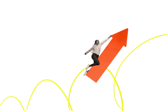 Trend artwork composite 3D photo collage of black white silhouette young lady hold hand on huge arrow hanging fly up profit fast result