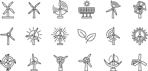 Fototapeta premium Collection of wind turbine and solar panel icons, representing renewable energy sources in a simple line art style