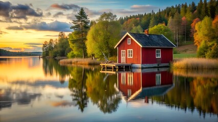 Obraz premium Red cabin on lake during autumn sunset