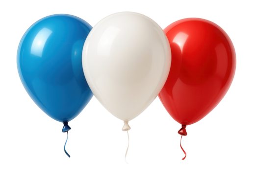 Three glossy blue, white, and red balloons floating in a black void.