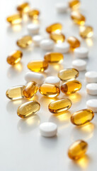Close-up of assorted vitamin capsules and softgels on glossy white surface.
