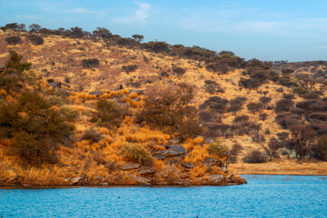 Paysage aride et rocheux sur les rives d'un lac en Namibie