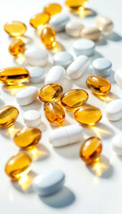 Close-up of assorted vitamin capsules and softgels on glossy white surface.
