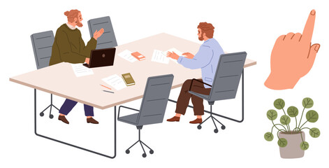 Two colleagues converse at a desk with documents, cards, and laptop. A potted plant and a pointing hand emphasize collaboration. Ideal for teamwork, office, discussion, collaboration, brainstorming