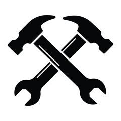A crossed hammer and wrench in black and white, tools for construction and repair work depicted vector