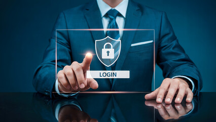 Secure your digital world, businessman logs into protected system touchscreen