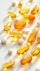 Close-up of assorted vitamin capsules and softgels on glossy white surface.
