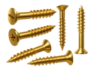 Set of golden screws in various arrangements.