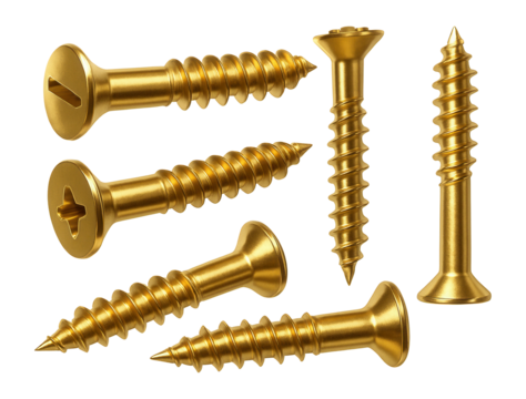 Set of golden screws in various arrangements.