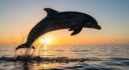 Fototapeta premium Dolphin leaping out of ocean at sunset