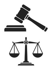 A graphic illustration of a gavel and striking block above a balance scale in black and white vector
