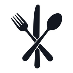 Illustration of a black fork knife and spoon crossed on a white background in a simple design vector