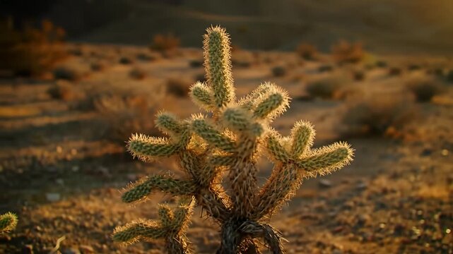 A cholla cactus glows in the desert at sunset with arid hills in the background