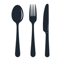 A simple illustration of a spoon fork and knife aligned on a white background in black color vector