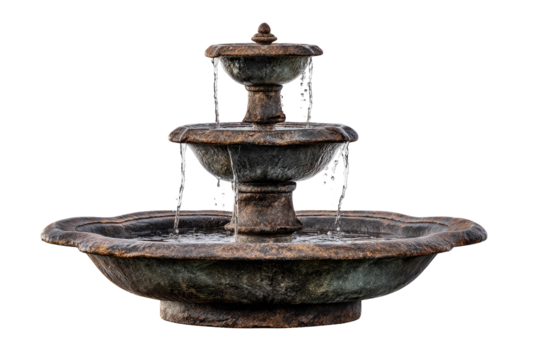 Three-tiered fountain, dark brown stone, cascading water