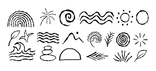 Vector abstract logo templates, icons and symbols, art prints with minimal shapes in  floral wavy ink rough hand drawn naive style, cover, packaging, branding design templates