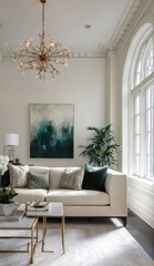 Modern, elegant living room with a statement chandelier