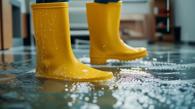 A person is standing in a flooded room wearing yellow rain boots. The room is filled with water and the person's boots are wet