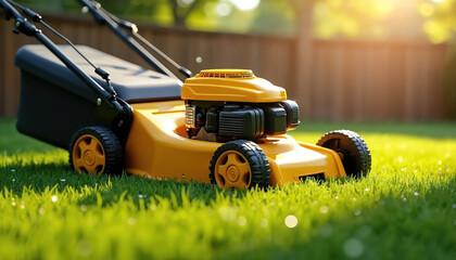 Fototapeta premium Vibrant yellow push lawn mower rests on freshly cut green grass with sparkling dew drops. Soft morning sunlight illuminates scene, creating cinematic atmosphere with blurred wooden fence in