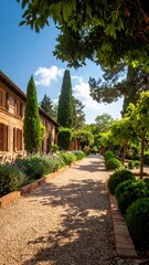 Fototapeta premium Sunny garden path through lush greenery
