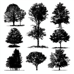 Elegant Black and White Tree Silhouettes , PNG isolated cut out image