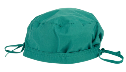 Green surgical cap with tied strings isolated on solid white background