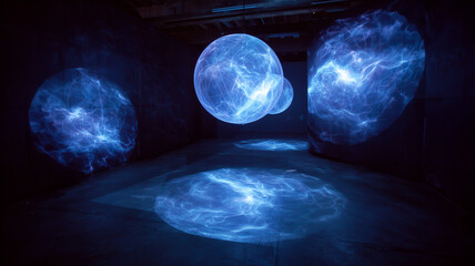 Blue glowing orbs and light projections in dark room